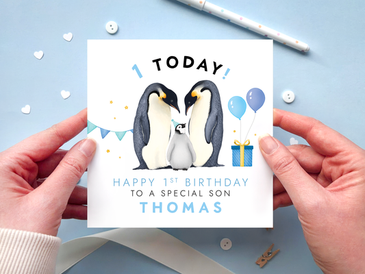 Personalised Penguins 1st Birthday Card for Son