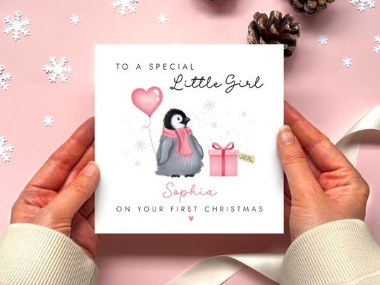 Personalised Baby Penguin 1st Christmas Card for Girl