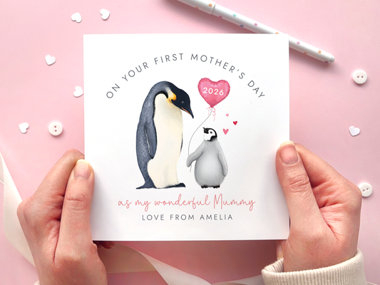 Personalised Penguin First Mother's Day Card for Mummy