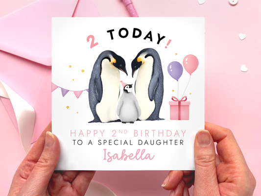 Personalised Penguin 2nd Birthday Card for Daughter