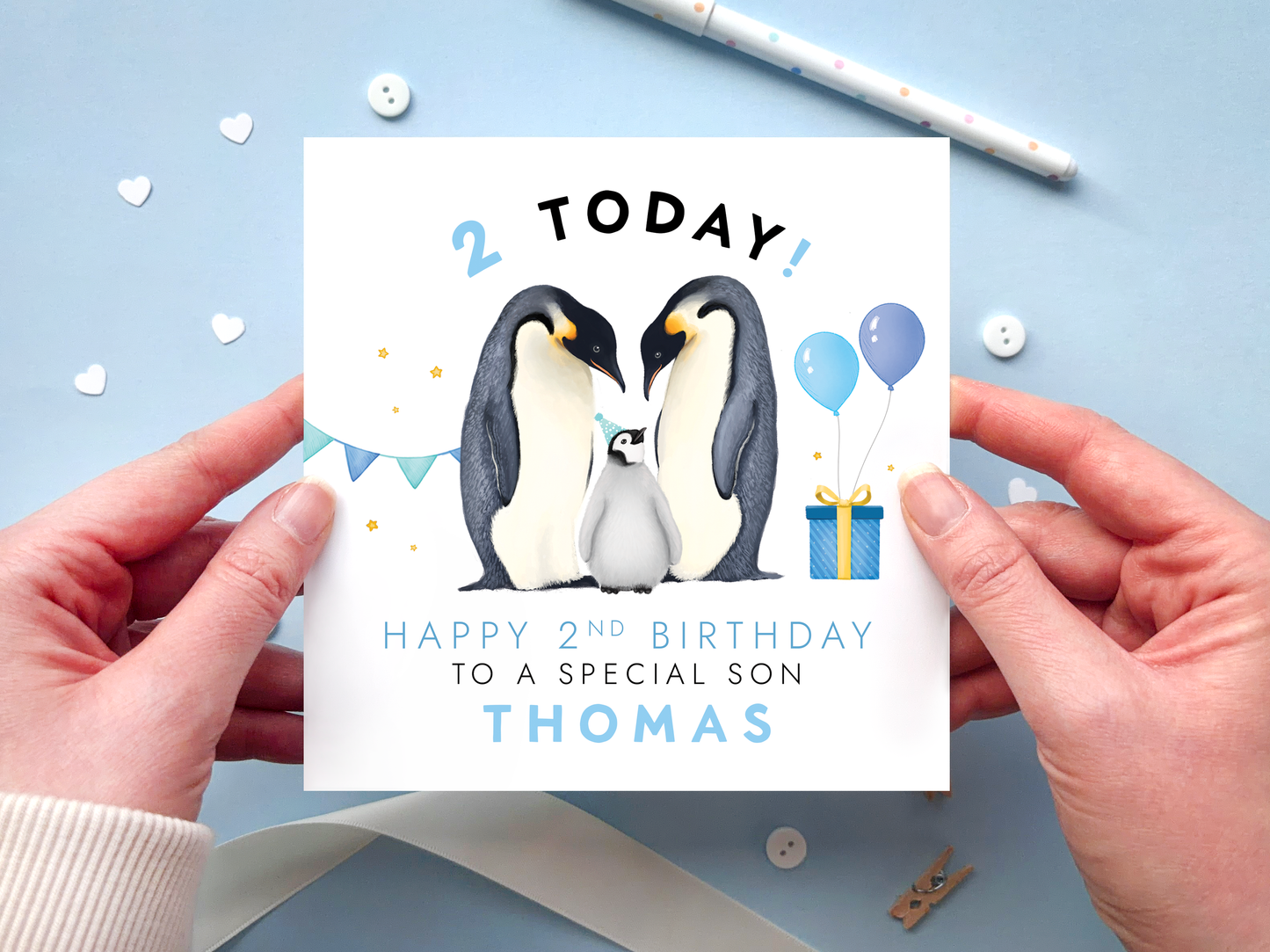 Personalised Penguin 2nd Birthday Card for Son