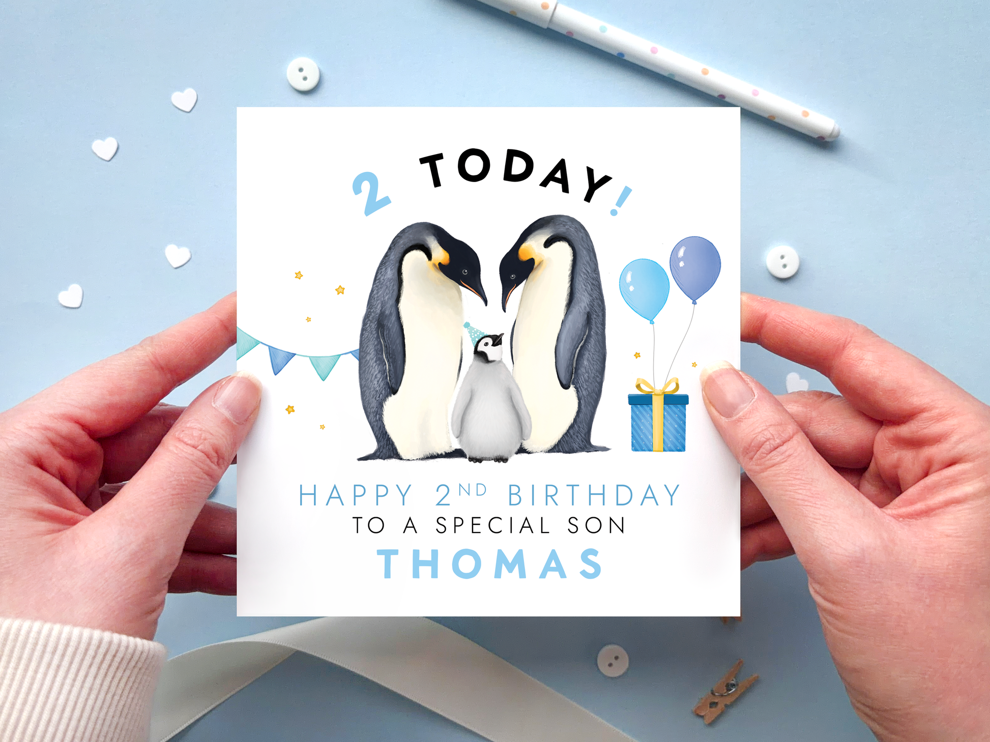 Personalised Penguin 2nd Birthday Card for Son