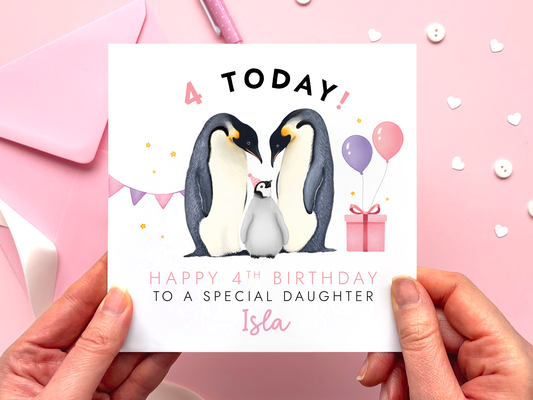 Personalised Penguins 4th Birthday Card for Daughter
