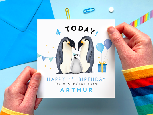 Personalised Penguin 4th Birthday Card for Son