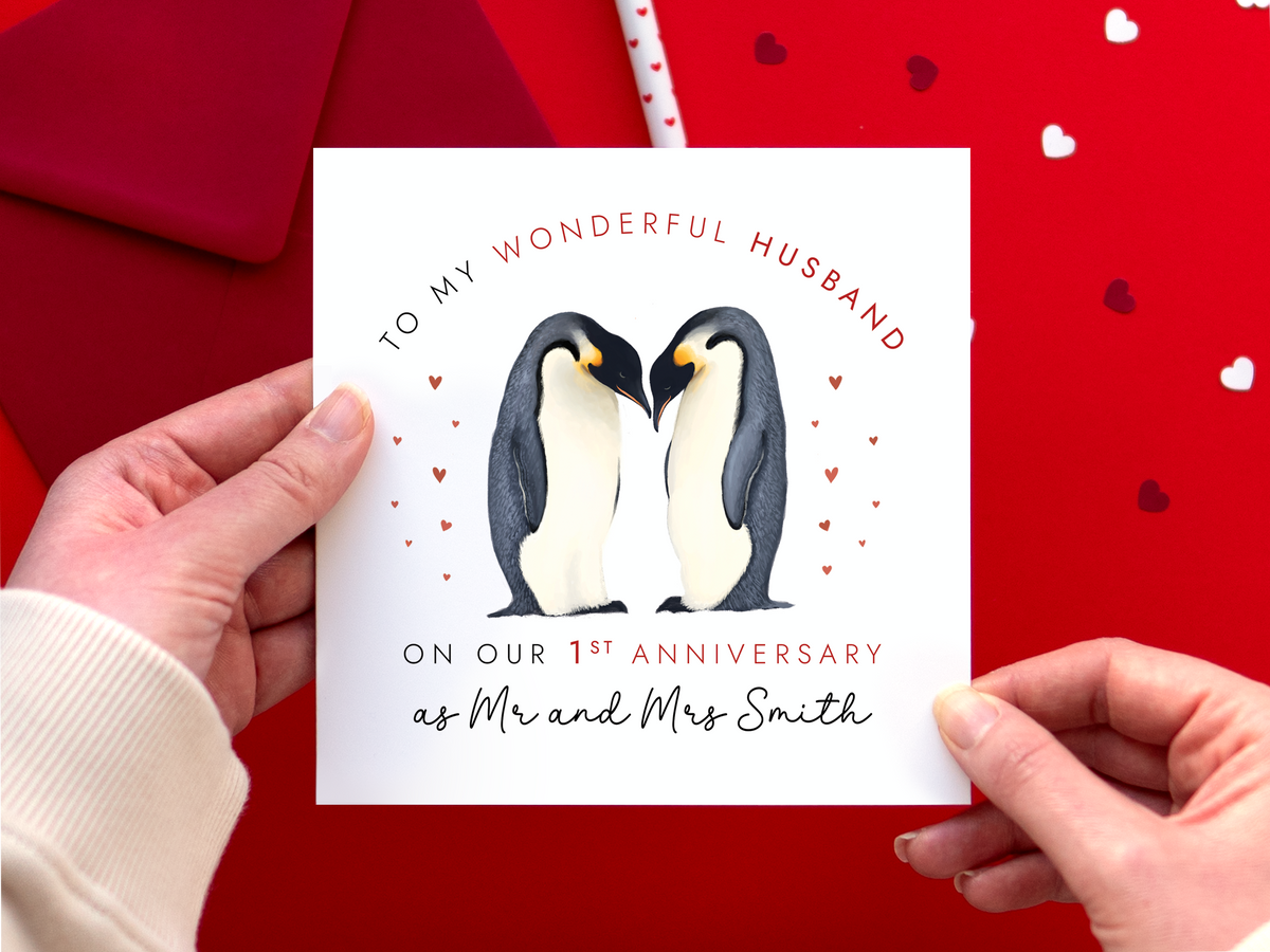 Personalised Penguin 1st Wedding Anniversary Card for Partner