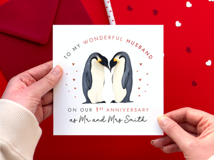 Personalised Penguin 1st Wedding Anniversary Card for Partner