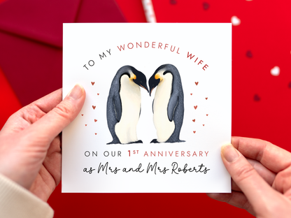 Personalised Penguin 1st Wedding Anniversary Card for Partner