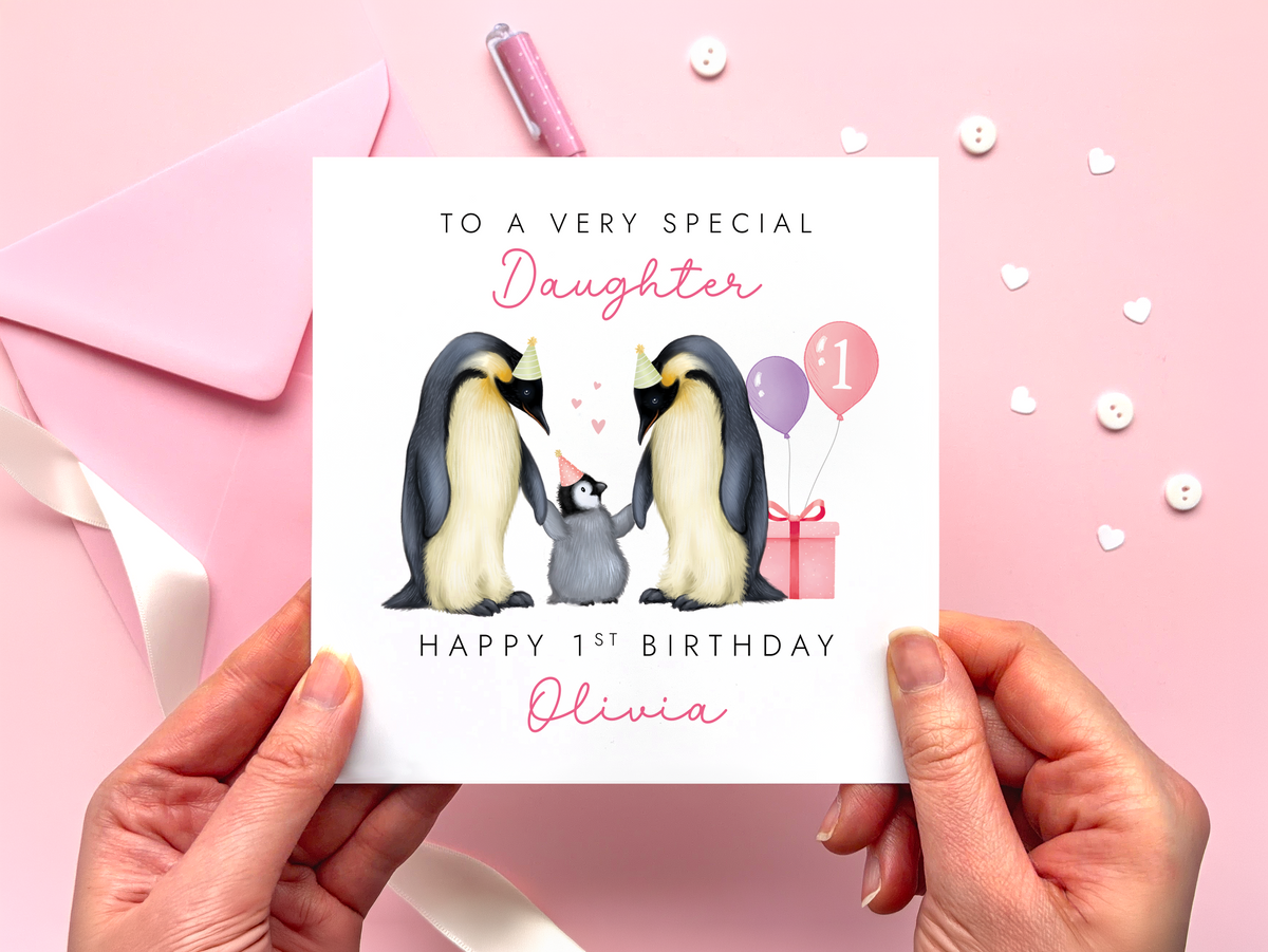 Personalised Penguins 1st Birthday Card for Daughter