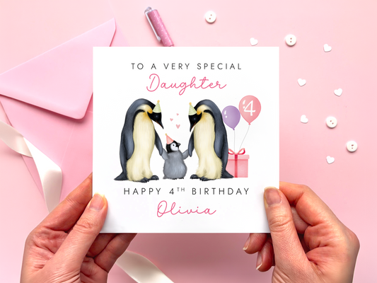 Personalised Penguins 4th Birthday Card for Daughter