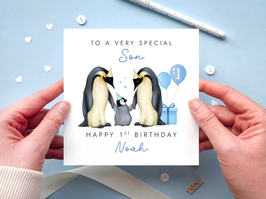 Personalised Penguins 1st Birthday Card for Son