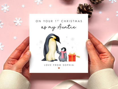 Personalised Penguins 1st Christmas as Auntie Card