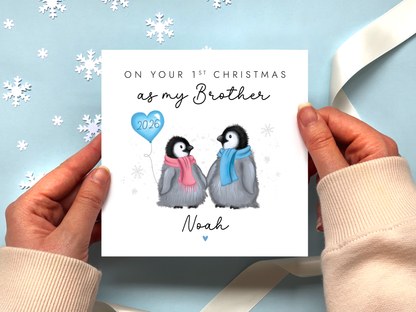 Personalised Penguins 1st Christmas as Brother Card