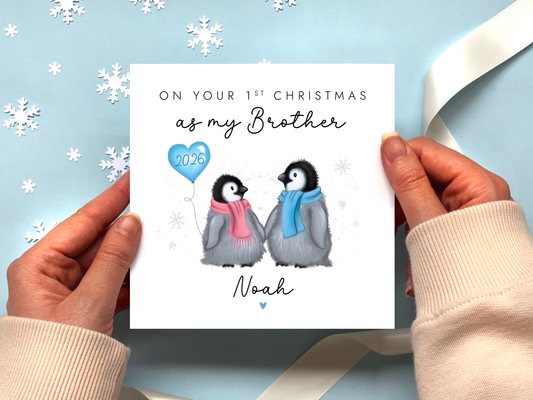 Personalised Penguins 1st Christmas as Brother Card