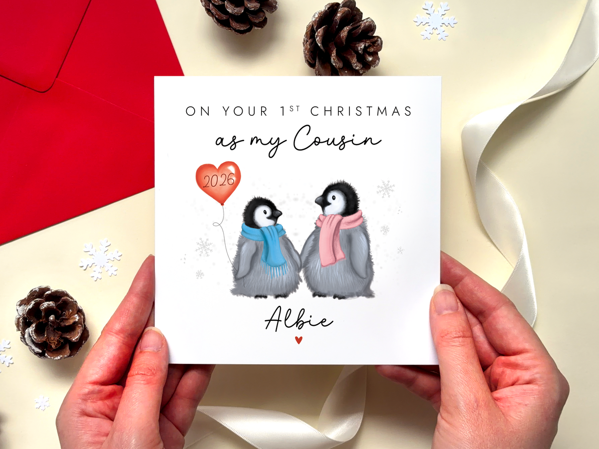 Personalised 1st Christmas as Cousin Penguins Card