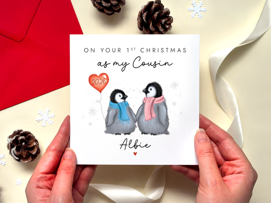 Personalised 1st Christmas as Cousin Penguins Card