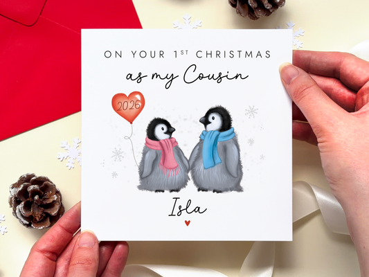 Personalised 1st Christmas as Cousin Penguins Card