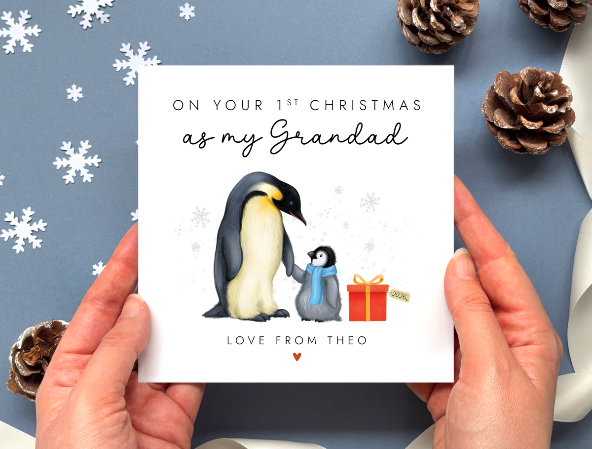 Personalised Penguins 1st Christmas as Grandad Card