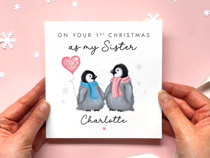 Personalised Penguins 1st Christmas as My Sister Card