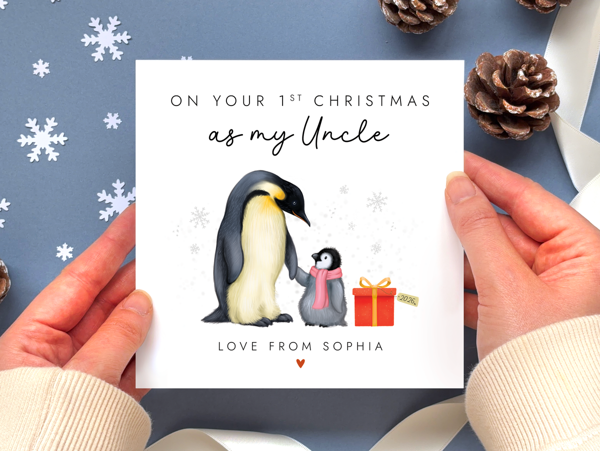 Personalised Penguins 1st Christmas as Uncle Card