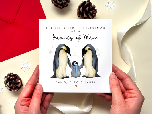Personalised Penguins 1st Christmas as Family of 3 Card