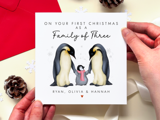 Personalised Penguins 1st Christmas as Family of 3 Card