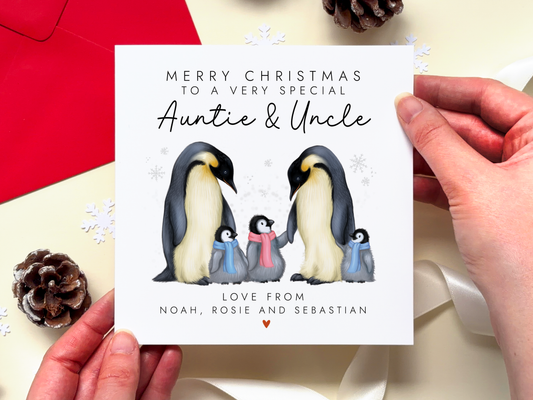 Personalised Penguin Christmas Card for Auntie & Uncle