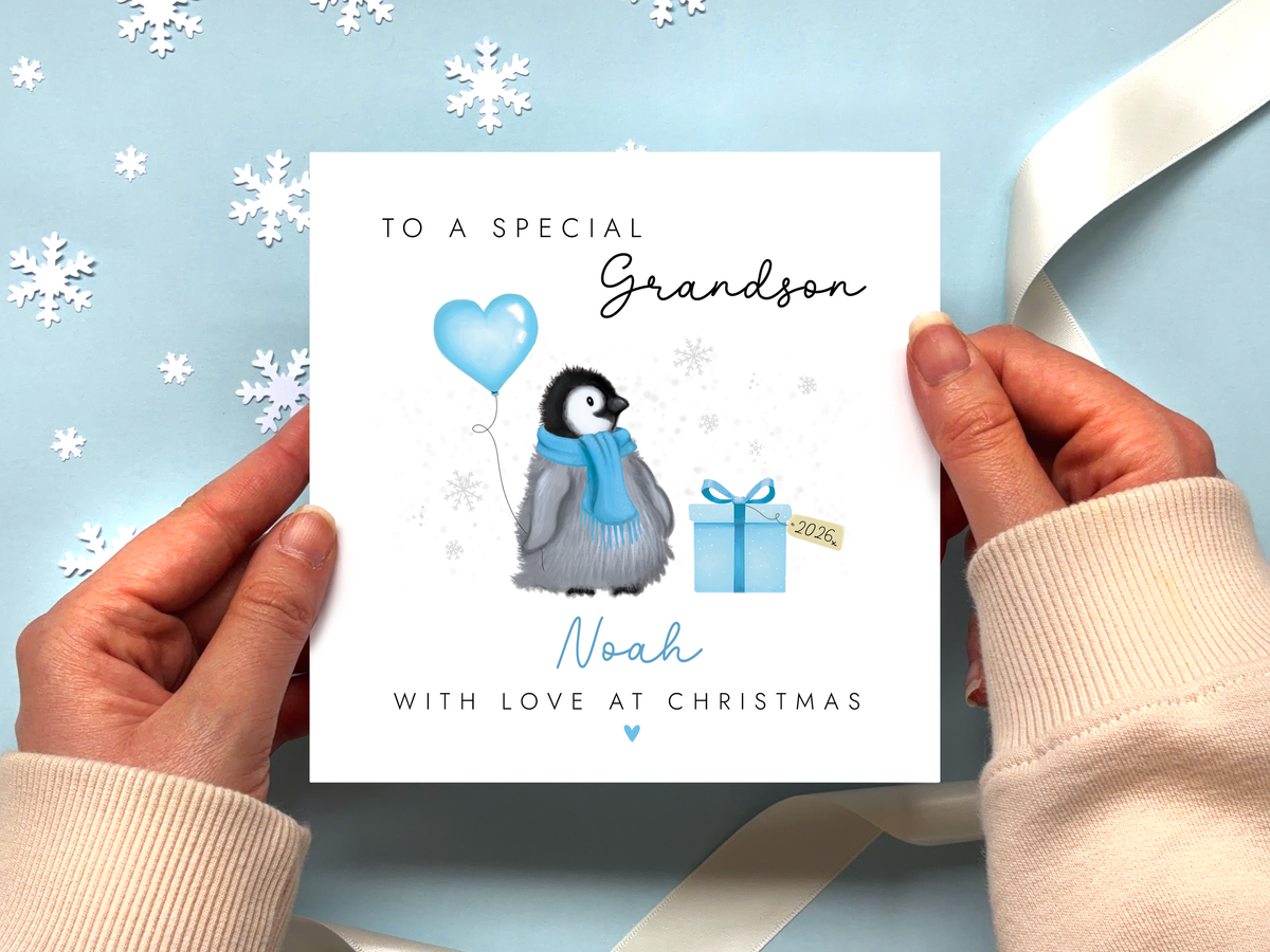 Personalised Penguin Christmas Card for Boy