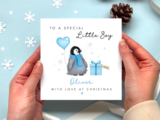 Personalised Penguin Christmas Card for Boy