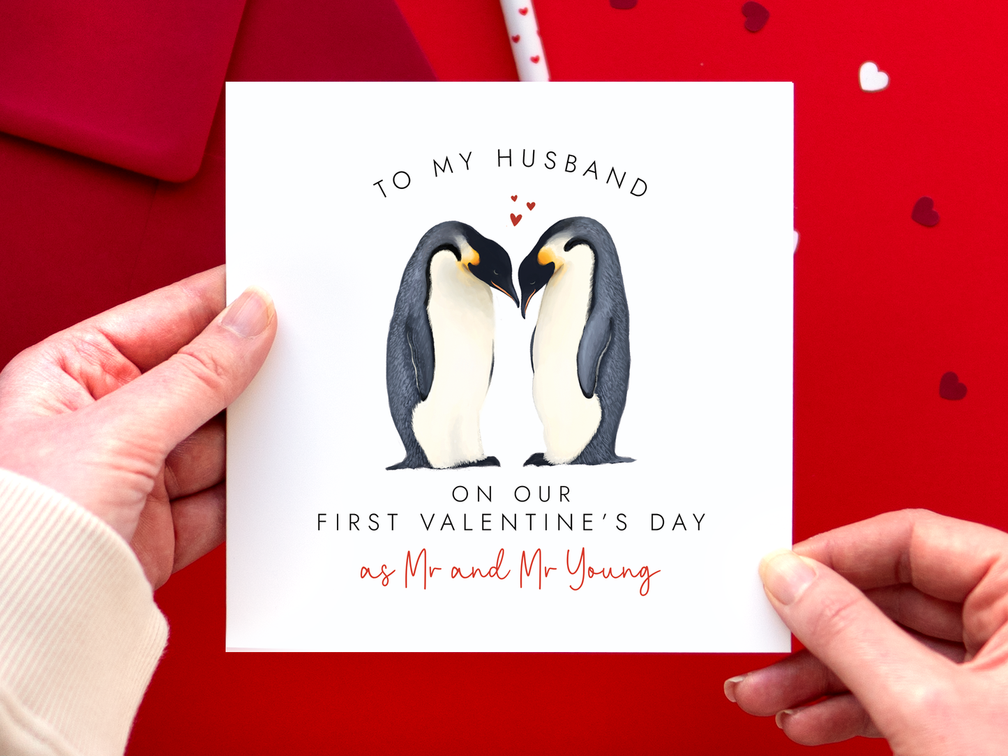 Personalised Penguins 1st Valentine's Day Married Card