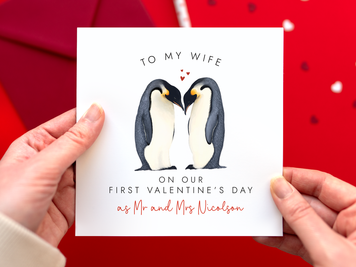 Personalised Penguins 1st Valentine's Day Married Card
