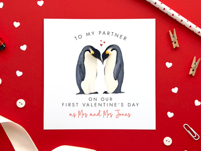Personalised Penguins 1st Valentine's Day Married Card