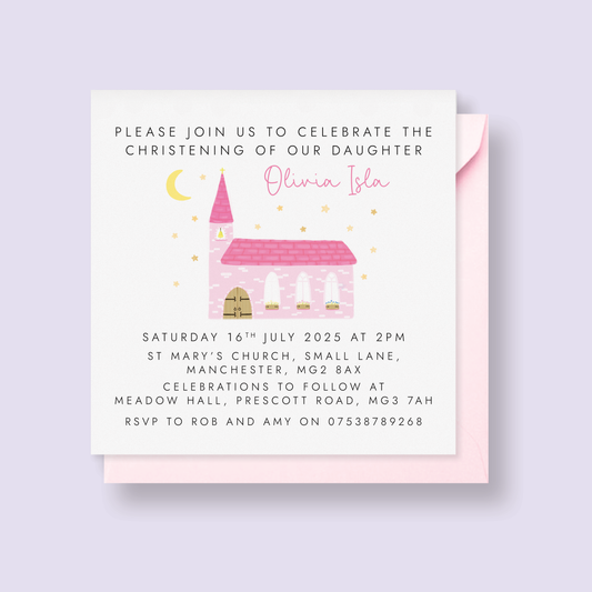 Personalised Christening Invitations for Girls – Pink Church Design