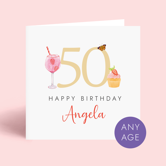 Personalised 50th birthday card for her with pink gin drink, cake, and butterfly illustration 