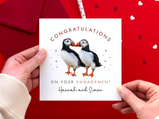 Personalised Puffins Engagement Card, Congratulations on your Engagement with handdrawn puffin bird illustration and hearts