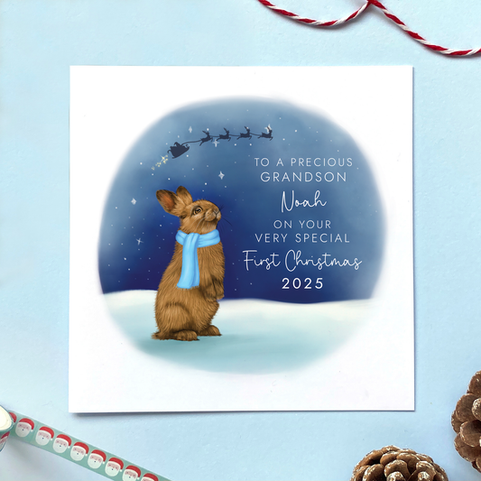 Personalised Bunny 1st Christmas Card for Grandson