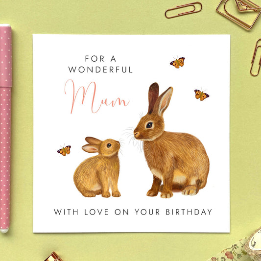 personalised rabbit birthday card for her - to a wonderful mum, mom, mam, mummy, mommy, mama, mother - gran, grandma, granny, nan, nanny, nana, with love on your birthday - 30th 40th 50th 60th 70th 80th 90th