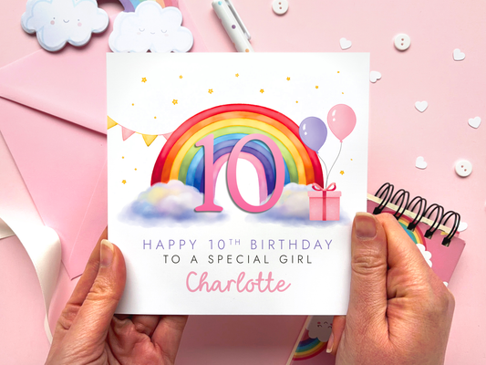 Personalised Rainbow 10th Birthday Card for Girl