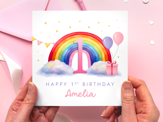 Personalised Rainbow 1st Birthday Card for Girl