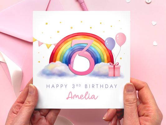 Personalised Rainbow 3rd Birthday Card for Girl