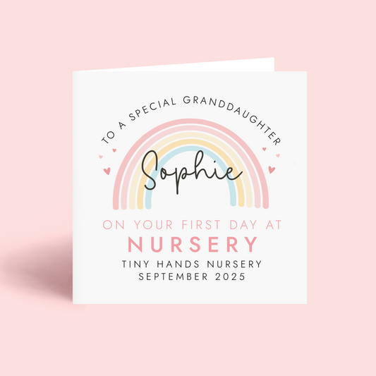 Personalised 1st day at nursery card for Granddaughter with a pink pastel rainbow theme. It can be personalised with any girl's name, school and starting date.