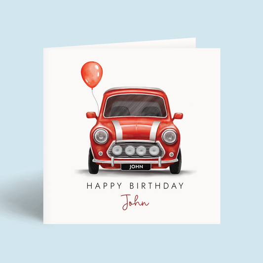 Personalised Red Classic Car Birthday Card, inspired by a red vintage mini