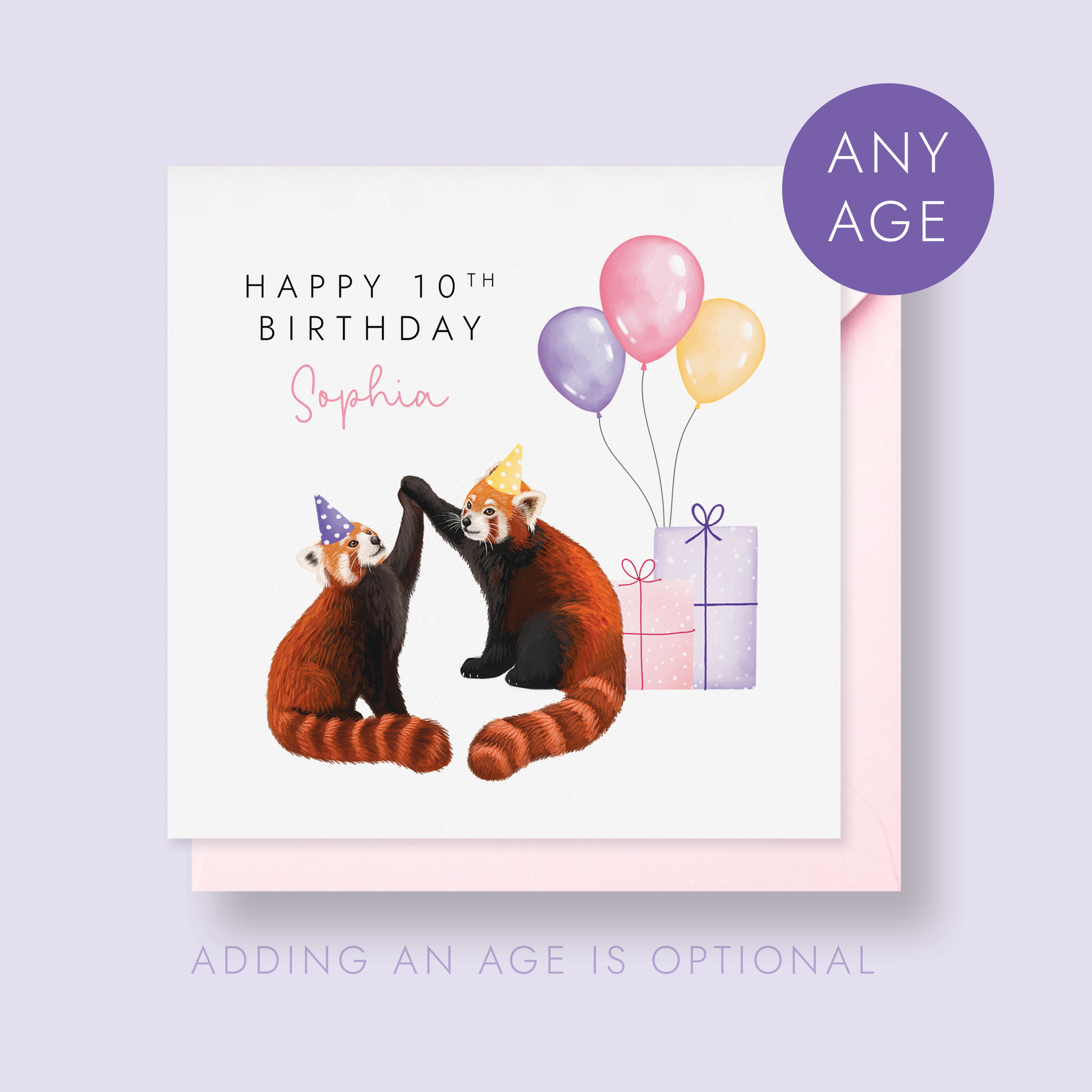 Personalised Birthday card with red pandas, balloons, and a gift 