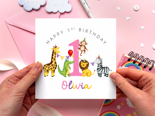 Personalised Safari 1st Birthday Card for Girl