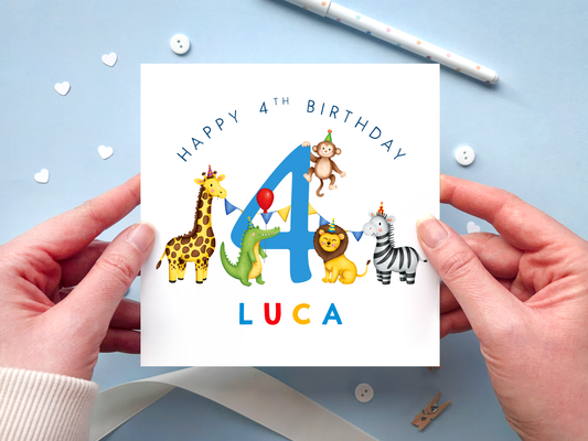 A personalised safari themed 4th birthday card for boys, featuring illustrations of jungle animals - giraffe, crocodile, lion, zebra and monkey - around the number 4, in bright and bold colours