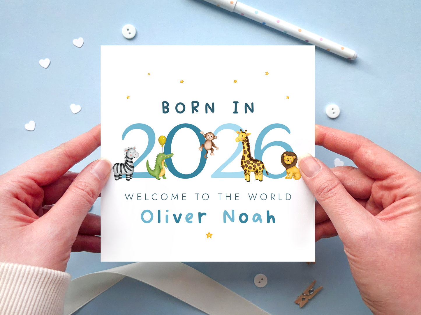 Personalised Safari New Baby Card for Boy, Born in 2026, Welcome to the World