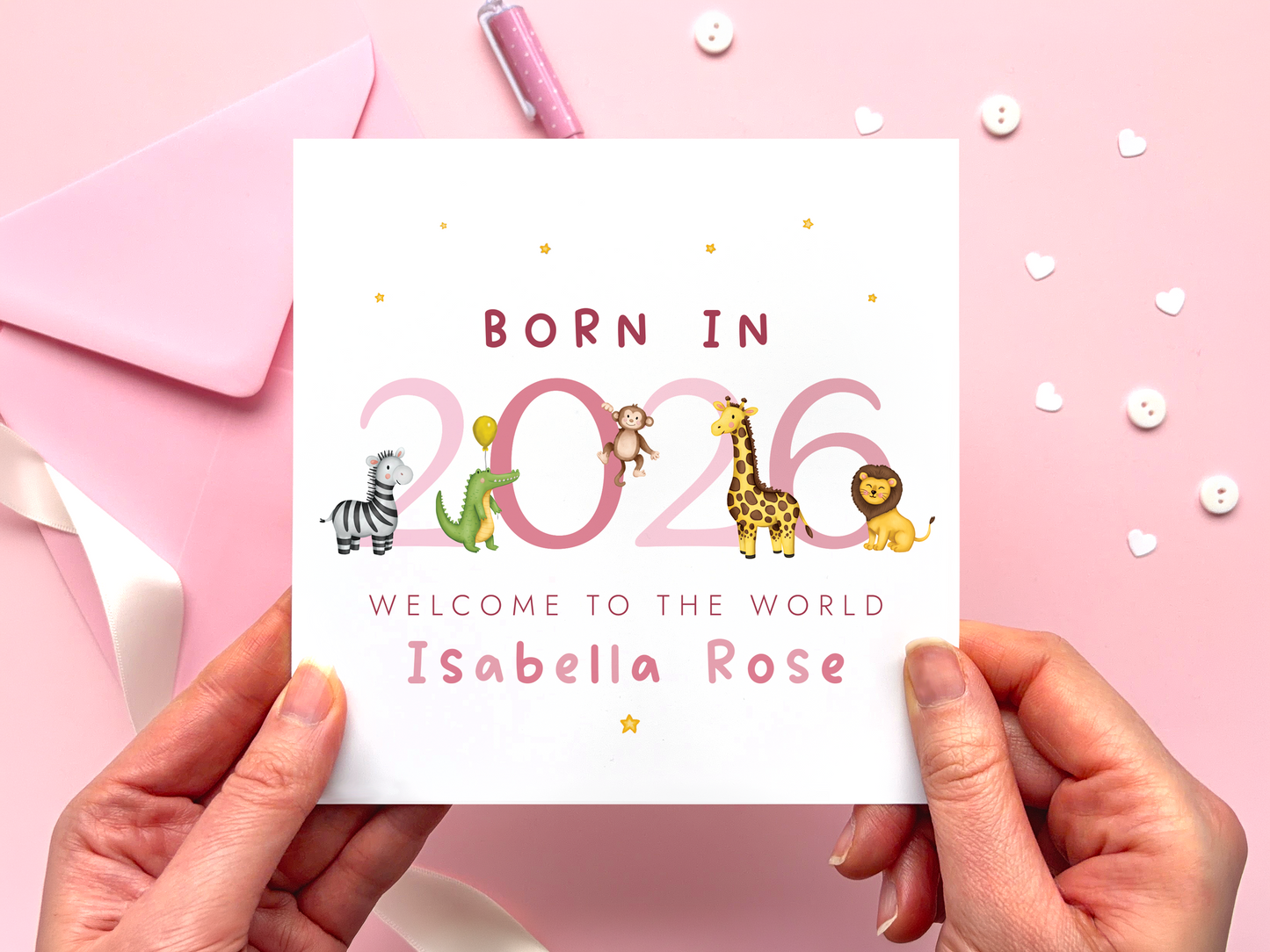Personalised Safari New Baby Card for Girl, Born in 2026, Welcome to the World