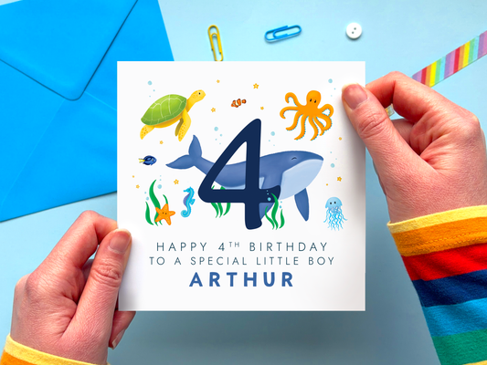 Personalised Sealife 4th Birthday Card for Boy