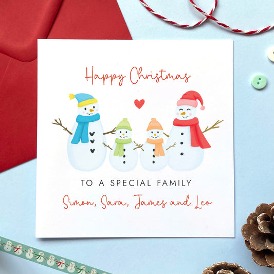 A personalised Christmas card for family with two adults and two children. Their names can be added.