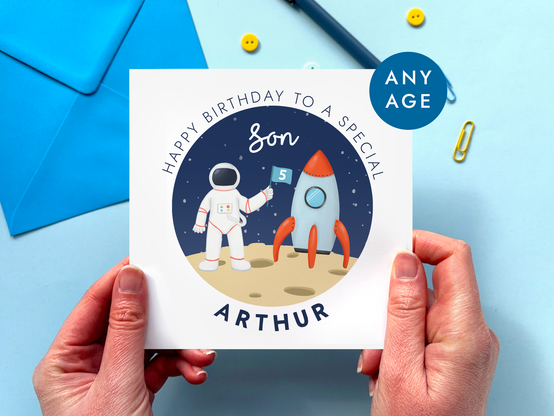 Personalised Birthday card for special son with an astronaut and rocket design