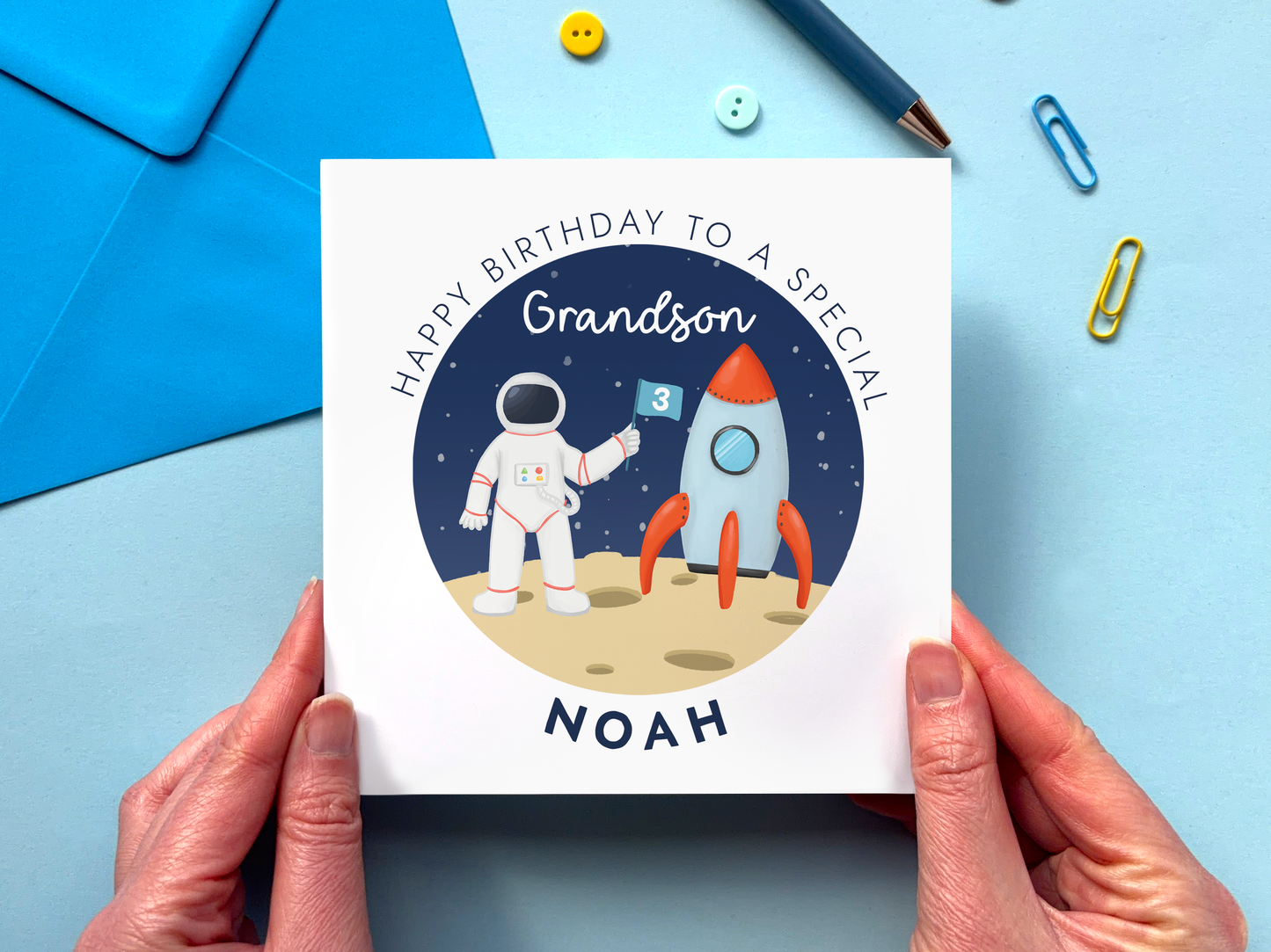 Personalised Birthday card for a special grandson with an astronaut and rocket design